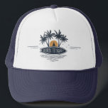 Born To Surf Palm Trees Surfboard Vintage Logo Trucker Hat<br><div class="desc">Born to Surf,  vintage style surfboard,  sunset and palm tree logo in rustic navy blue.</div>