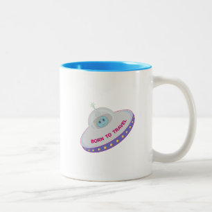 Born to travel cute alien & flying saucer Two-Tone coffee mug