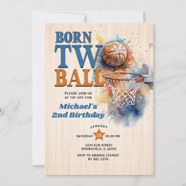 Born Two Ball Basketball Tip Off Hoop 2nd Birthday Invitation (Front)