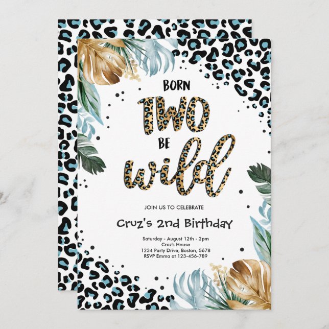 Born Two Be Wild Boy Jungle Leopard Print Birthday Invitation (Front/Back)