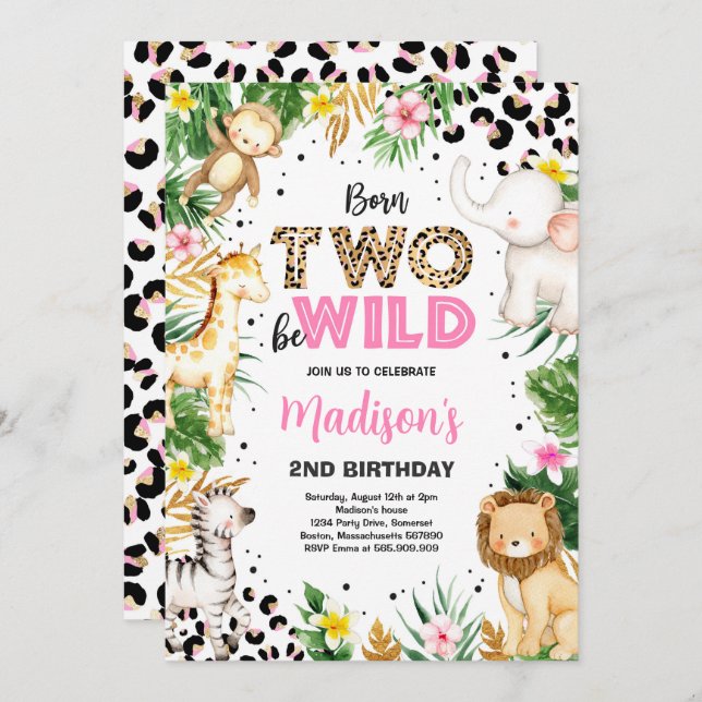 Born Two Be Wild Leopard Print Safari 2nd Birthday Invitation (Front/Back)