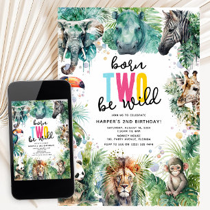 Born TWO Be Wild! Safari Animals Cool 2nd Birthday Invitation