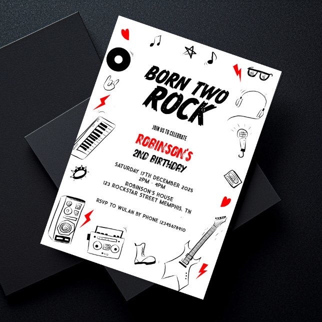 Born two Rock Black white Rock star 2nd Birthday Invitation (Creator Uploaded)