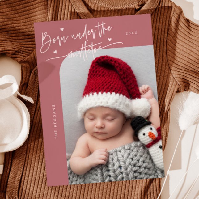 Born Under Mistletoe Pink Birth Announcement (Creator Uploaded)