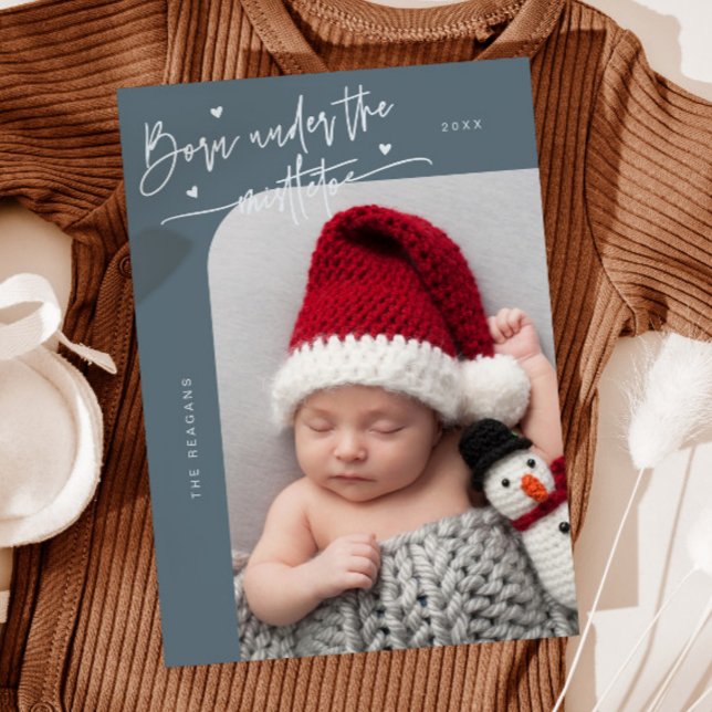Born Under Mistletoe Slate Blue Birth Announcement (Creator Uploaded)