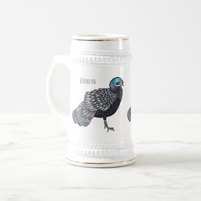 Bornean peacock-pheasant bird cartoon illustration beer stein (Front Left)