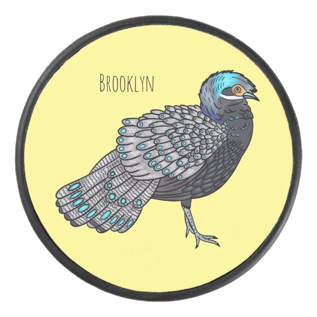 Bornean peacock-pheasant bird cartoon illustration hockey puck (Front)