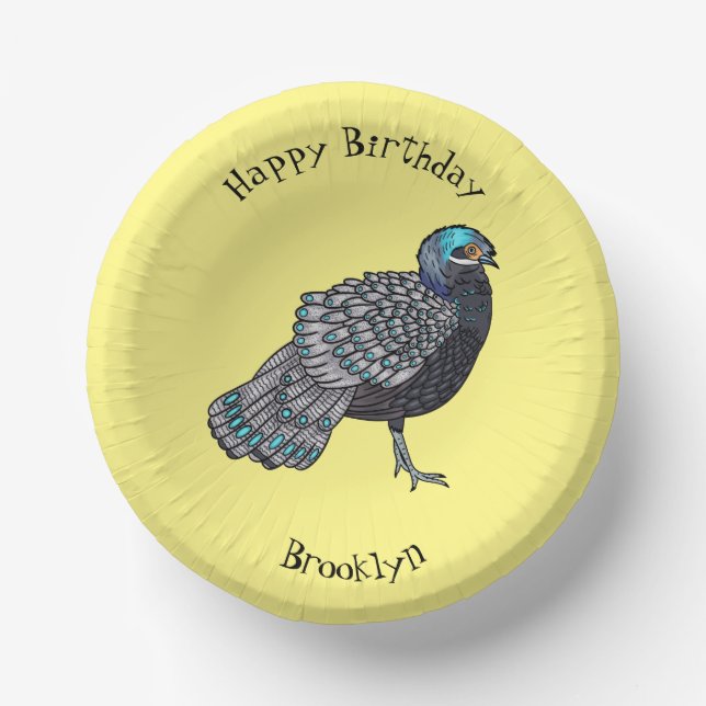 Bornean peacock-pheasant bird cartoon illustration paper plate (Front)