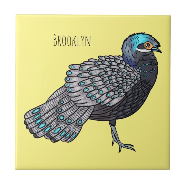 Bornean peacock-pheasant bird cartoon illustration tile (Front)