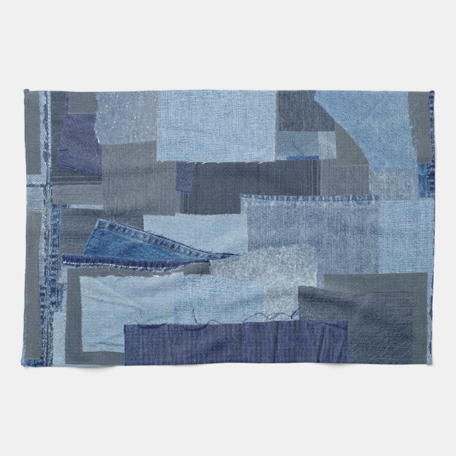 Boro Boro Blue Jean Patchwork Denim Shibori Tea Towel (Horizontal)