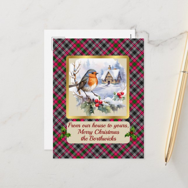 Borthwick Crest & Tartan w/Robin Personalised   Holiday Postcard (Front/Back In Situ)
