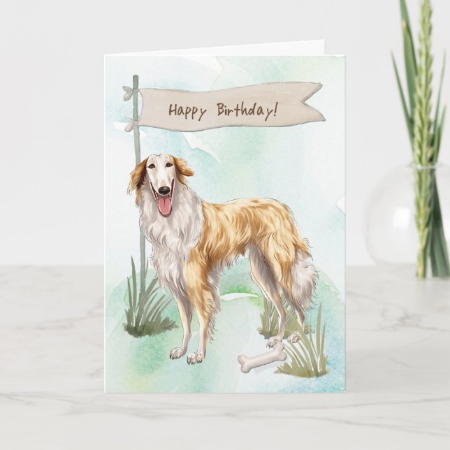Borzoi Breed Dog Outside Under Birthday Sign Card (Front)