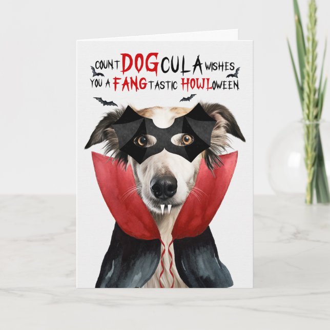 Borzoi Dog Funny Count DOGcula Halloween Holiday Card (Front)