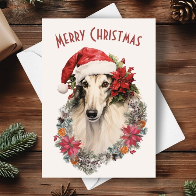 Borzoi Dog Santa Hat Red Poinsettias Christmas Card (Creator Uploaded)
