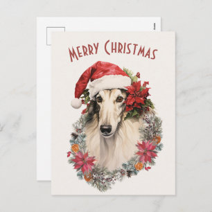 Borzoi Dog Santa Hat Red Poinsettias Christmas Holiday Postcard