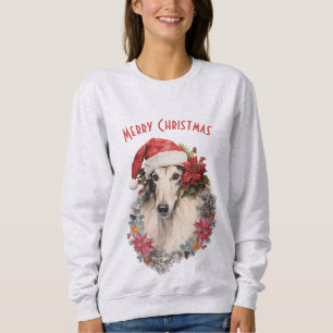 Borzoi Dog Santa Hat Red Poinsettias Christmas Sweatshirt