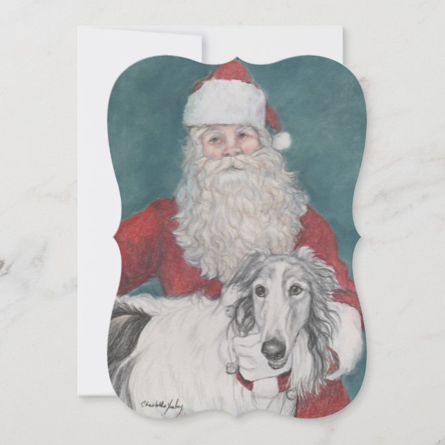 Borzoi & Santa Dog Art Christmas Card (Front)