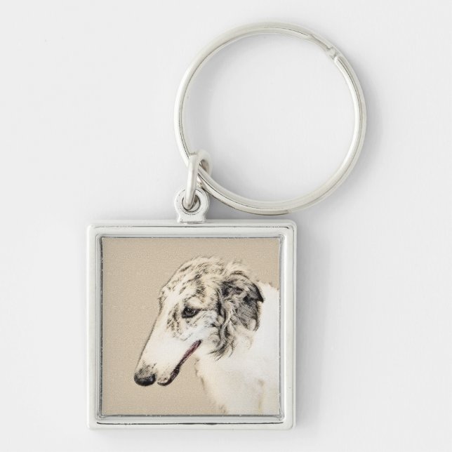 Borzoi (Silver Brindle) Painting Original Dog Art Key Ring (Front)