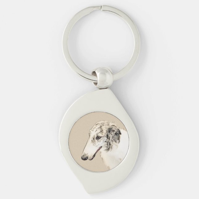 Borzoi (Silver Brindle) Painting Original Dog Art Key Ring (Front)
