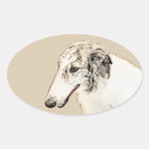 Borzoi (Silver Brindle) Painting Original Dog Art Oval Sticker