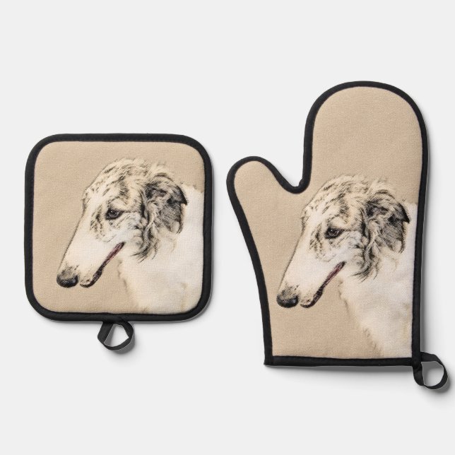 Borzoi Silver Brindle Painting Wolfhound Dog Art Oven Mitt & Pot Holder Set (Front)