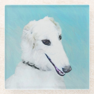 Borzoi (White) Painting - Cute Original Dog Art Glass Coaster