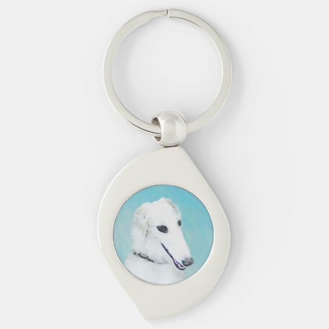 Borzoi (White) Painting - Cute Original Dog Art Key Ring (Front)