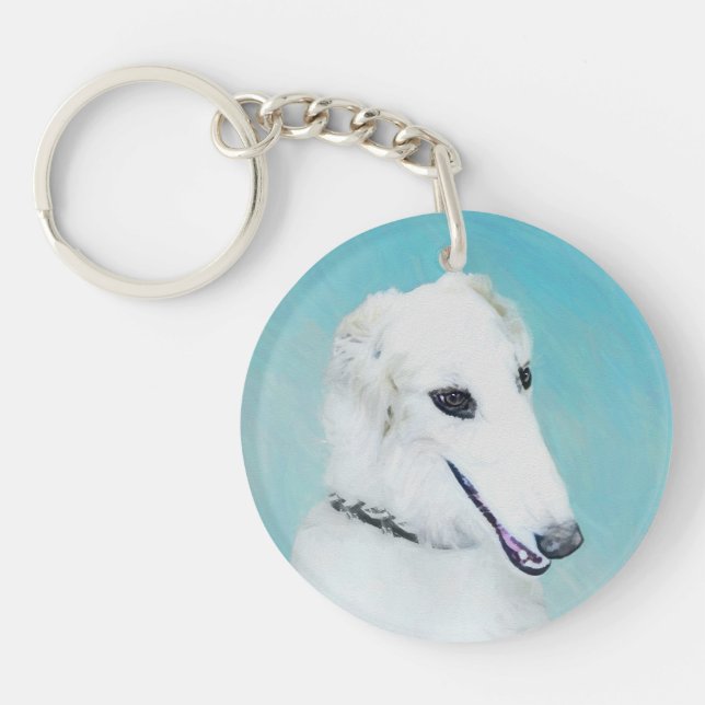 Borzoi (White) Painting - Cute Original Dog Art Key Ring (Front)