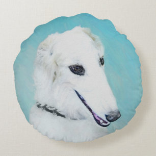 Borzoi (White) Painting - Cute Original Dog Art Round Cushion
