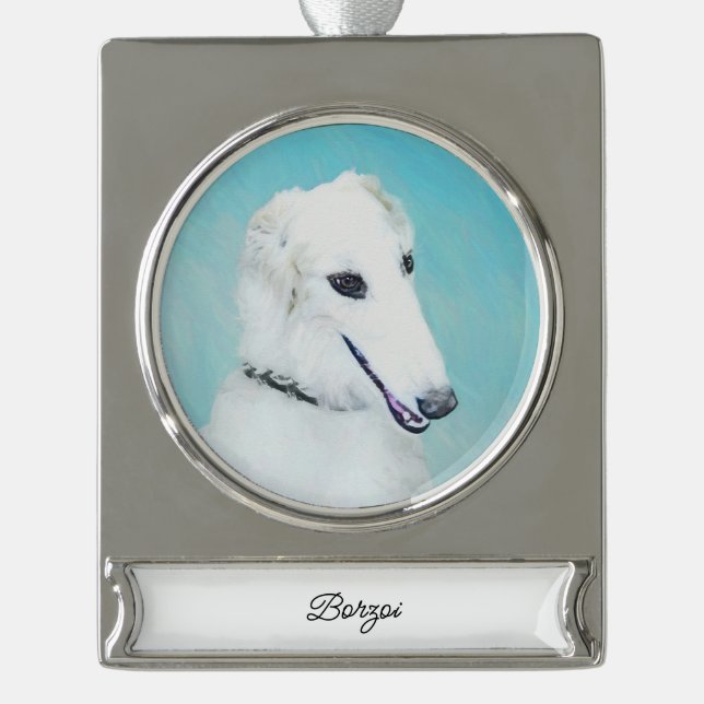 Borzoi (White) Painting - Cute Original Dog Art Silver Plated Banner Ornament (Front)
