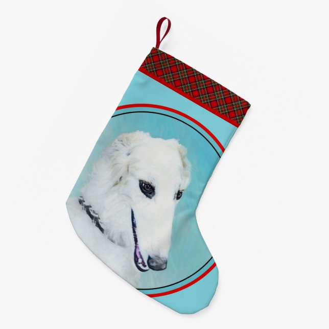 Borzoi (White) Painting - Cute Original Dog Art Small Christmas Stocking (Front (Hanging))