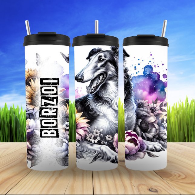 Borzoi's Grayscale Floral Grace Thermal Tumbler (Creator Uploaded)