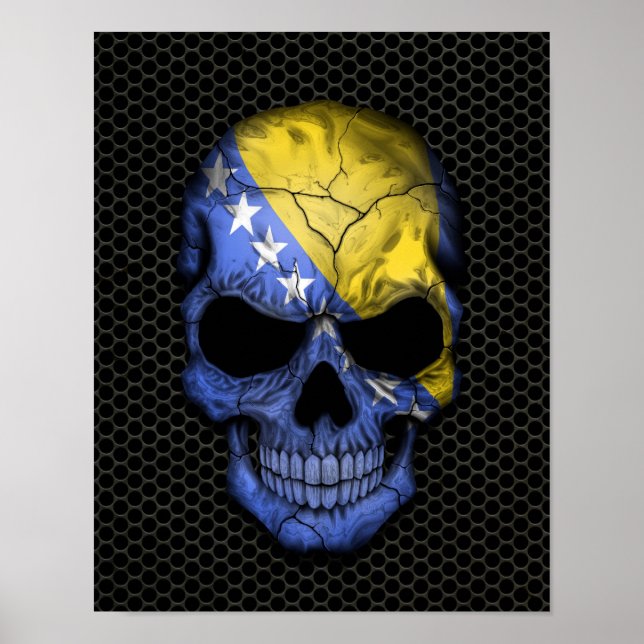 Bosnia - Herzegovina Flag Skull on Steel Mesh Grap Poster (Front)