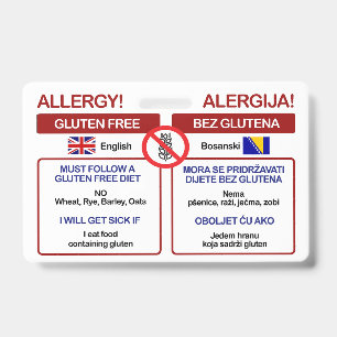 BOSNIAN Gluten Free Travel Card   Allergy Badge ID Badge