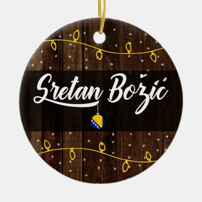 Bosnian Merry Christmas, Sretan Božić Rustic Ceramic Tree Decoration (Front)