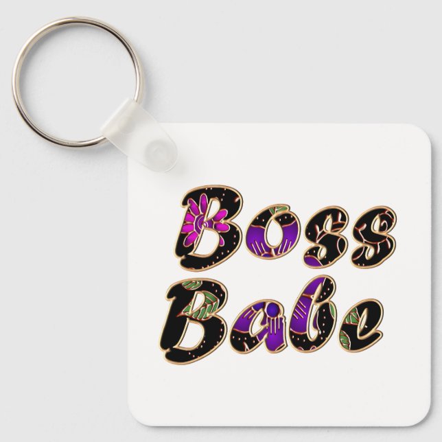 Boss Babe in Black Floral Key Ring (Front)