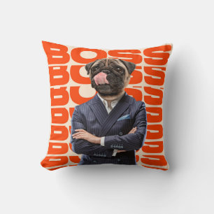 Boss headed by dog head standing with hands crosse cushion