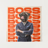 Boss headed by dog head standing with hands crosse
