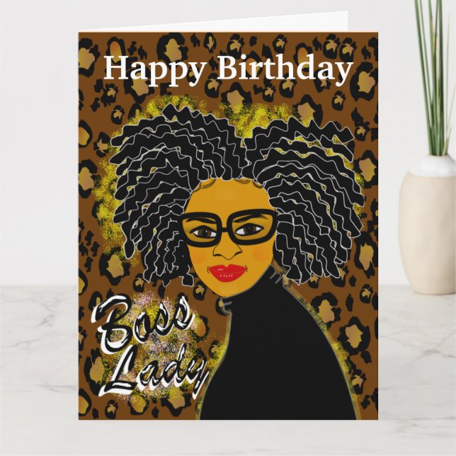 Boss Lady African American Leopard Birthday Card (Front)