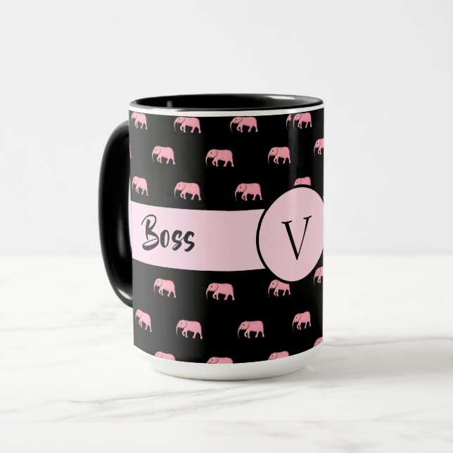Boss Lady Black Monogram Elephant Ringer 15oz Mug (Front Left)