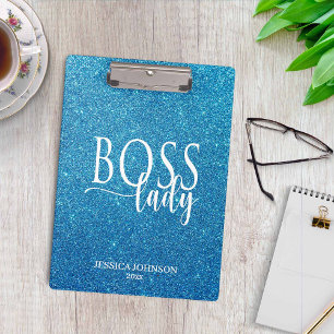 Boss Lady Blue Sparkle and White Script Clipboard