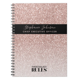 Boss Lady CEO Rose Gold Glitter Name and Title Notebook