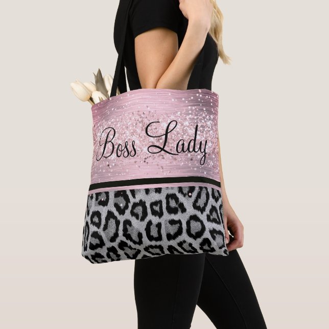 Boss Lady Glittery Pink Leopard Tote Bag (Close Up)