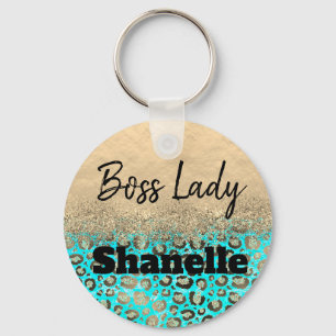 Boss Lady Glittery Turquoise Leopard Custom Key Ring