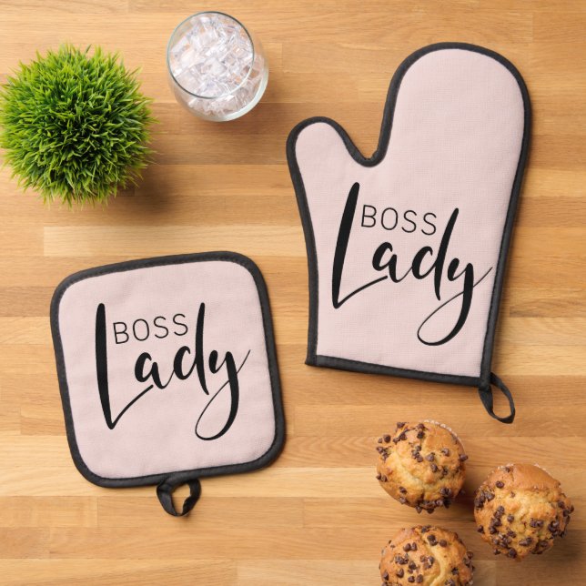 Boss Lady Logo Kitchenware Gift Idea Oven Mitt & Pot Holder Set (Top Down)