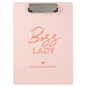 Boss Lady Modern Pink Orange Script Heart Monogram Clipboard