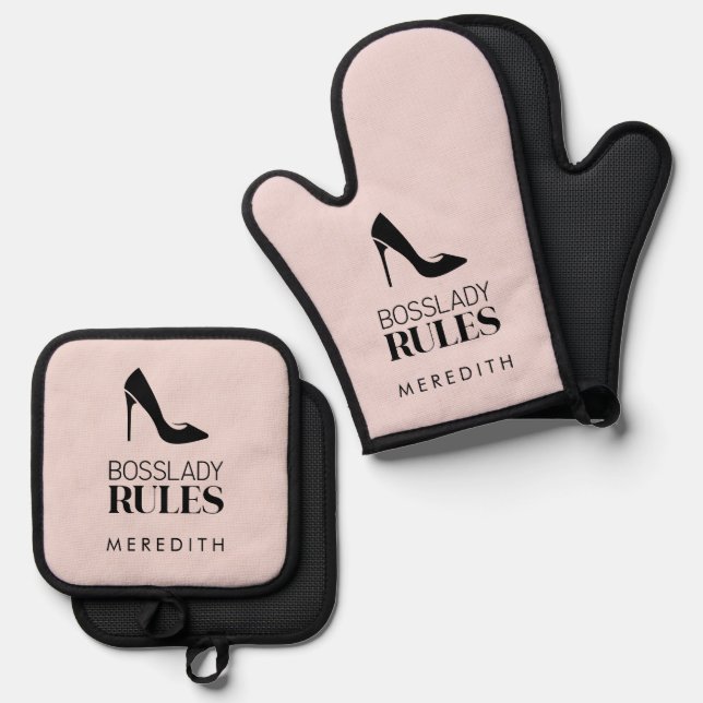 Boss Lady Rules Stiletto Logo Blush Oven Mitt & Pot Holder Set (Front/Back)