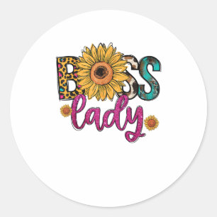 Boss Lady Sunflower Leopard Cow Print Empowering W Classic Round Sticker