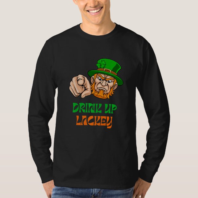 Boss Leprechaun Says Drink Up Lackey and Pointing  T-Shirt (Front)
