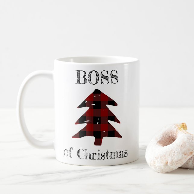 Boss of Christmas Plaid Christmas Tree Funny Coffee Mug (With Donut)